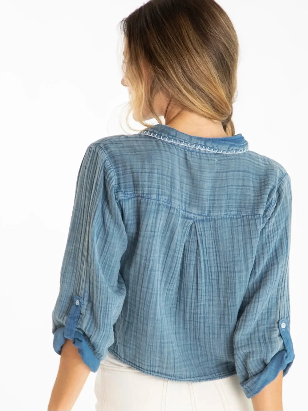 Natural Life Lola Tie Cotton Button Down shirt crinkled gauze Stitch Denim XL - Picture 2 of 11